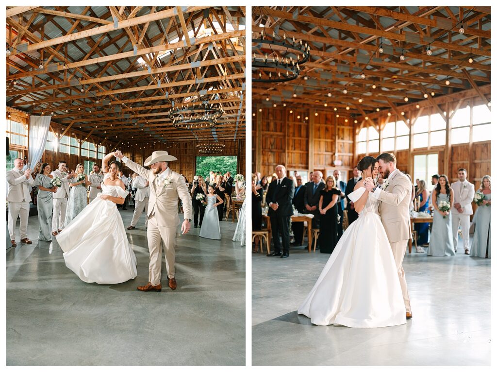 first dance in an elevated barn wedding reception space with a mountain view  catskills ny wedding photographer: Stonewall Estate Catskills NY | Mountain-View Wedding Weekend