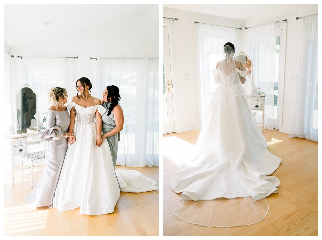 bride getting ready to walk down the aisle with her mom. portraits in the getting ready space by catskills ny wedding photographer: Stonewall Estate Catskills NY | Mountain-View Wedding Weekend