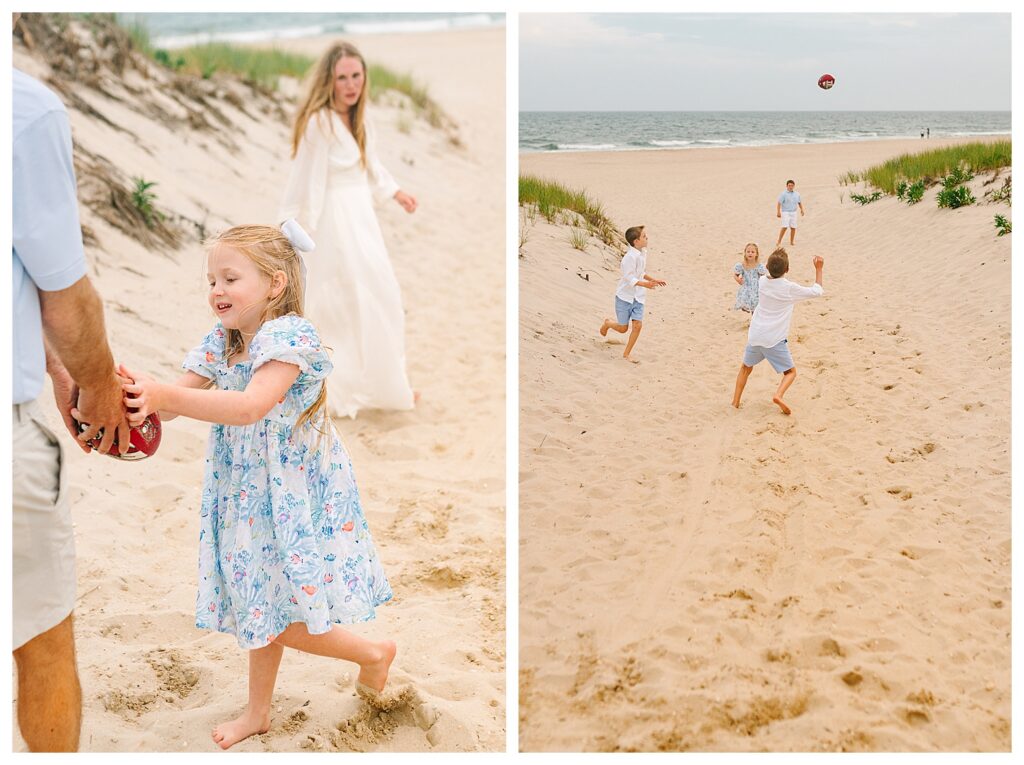 Kids playing football on the sand with their dad during a golden hour beach family session