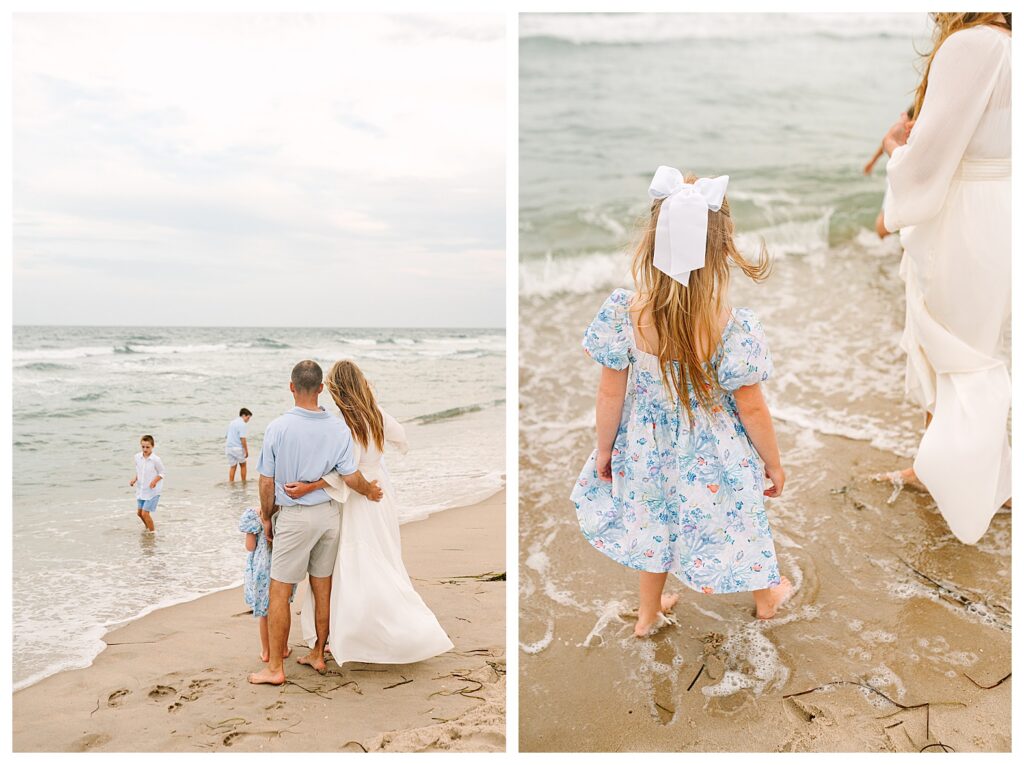 Candid photo of children running toward the ocean waves during a Beach Haven family photography session